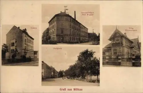 Ak Mölkau Leipzig in Sachsen, Schule, Dorfplatz, Villa Zimmermann, Geschäftshaus Paul Wagner