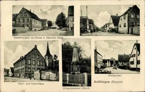 Ak Geißlingen Oberickelsheim, Gastwirtschaft Krone, Postagentur, Kriegerdenkmal, Pfarrhaus, Schule