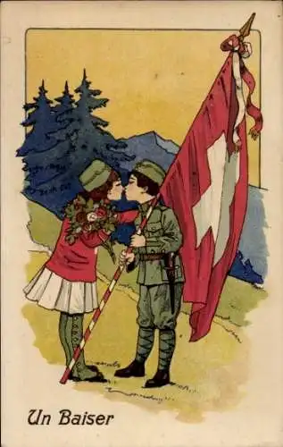 Litho Schweiz, Un Baiser, Soldat, Fahne