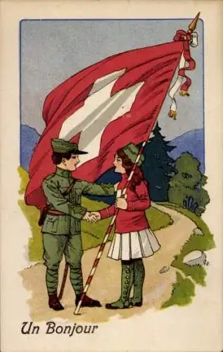 Litho Schweiz, Soldat, Mädchen mit Fahne