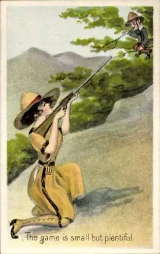 Litho Frau mit Gewehr, The game is small but plentiful, Humor