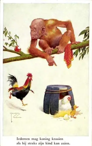 Künstler Ak Wood, Lawson, Affe, Hahn, Huhn, Küken, Orang Utan