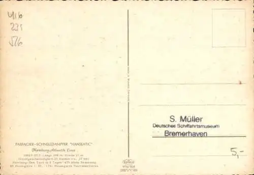 Ak Hamburg Amerika Linie, Passagier Schnelldampfer Hanseatic
