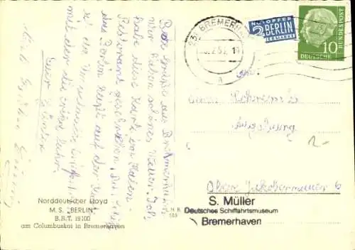 Ak Bremerhaven, Dampfschiff MS Berlin, Norddeutscher Lloyd, Columbuskai
