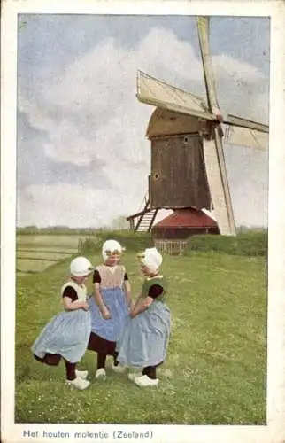 Ak Zeeland, Het houten molentje, Mädchen in Volkstrachten, Windmühle