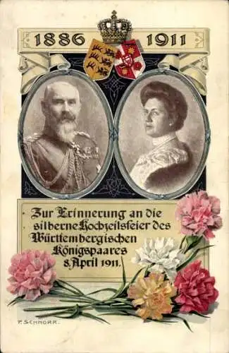 Künstler Ak Schnorr, König Wilhelm II v. Württemberg, Königin Charlotte, Silberhochzeit 1911, Wappen