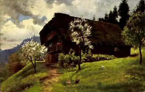 Künstler Ak Hoffmann, H., Frühling im Schwarzwald, Bauernhaus