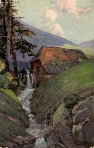 Künstler Ak Reiss, Fritz, Herbst im Schwarzwald, Wassermühle