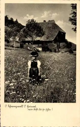 Ak O Schwarzwald, O Heimat, wie bist du so schön, Frau in Volkstracht, Bommelhut