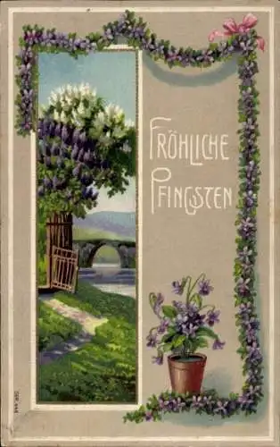 Litho Glückwunsch Namenstag, Fliederbüsche, Veilchen