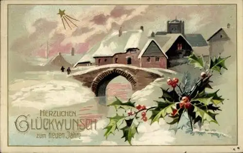 Ak Frohe Weihnachten, Stachenpalmenblätter, Ortschaft im Schnee, Winterszene, Stern