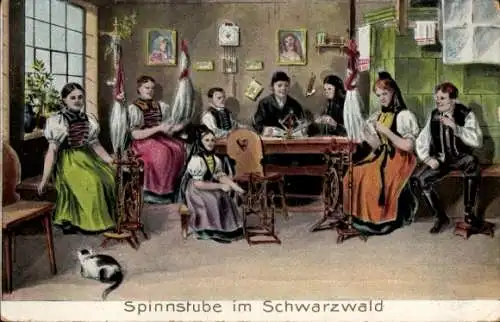 Präge Ak Spinnstube im Schwarzwald, Schwarzwälder, Spinnräder