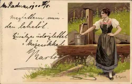 Künstler Litho Mailick, Frau im Dirndl am Brunnen