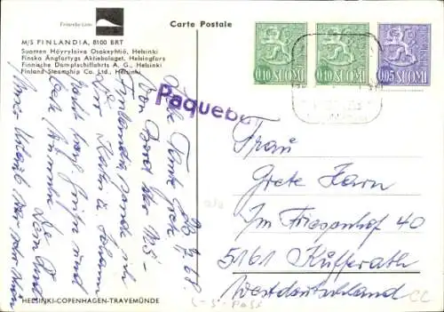Ak Finlandia Line, Fährschiff MS Finlandia, Suomen Höyrylaiva Osakeyhtiö