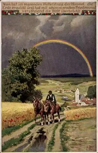 Künstler Ak Hey, Paul, Bauer mit Pferden, Regenbogen, Sommer, Landschaft