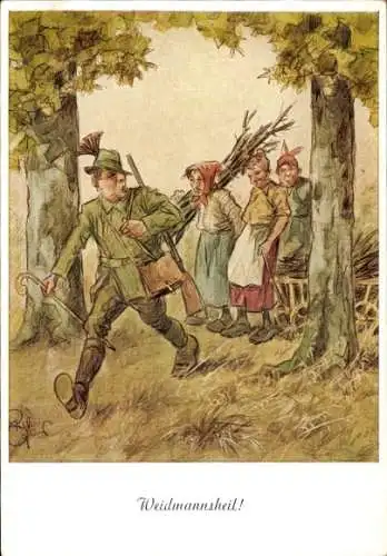 Künstler Ak Geilfus, H., Waidmannsheil, Alte Frauen beim Holz holen treffen Jäger im Wald