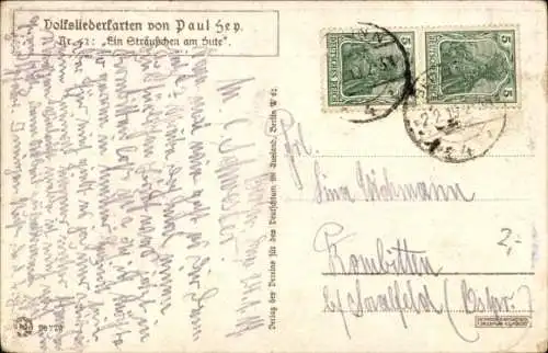Lied Künstler Ak Hey, Paul, Ein Sträußchen am Hute, Volksliederkarte Nr. 52
