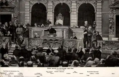 Künstler Ak August Bebel spricht im Reichstag zum Etat, 07. Dezember 1905