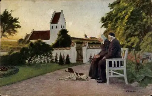 Künstler Ak Corona, Abendfrieden, Geistliche auf einer Bank, Hund, Kirche