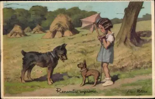 Künstler Ak Redon, Rencontre imprevue, Hunde, beschnuppern sich, Erntezeit