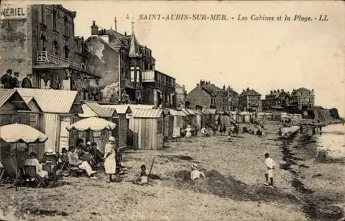 Ak Saint Aubin sur Mer Calvados, Les Cabines et la Plage