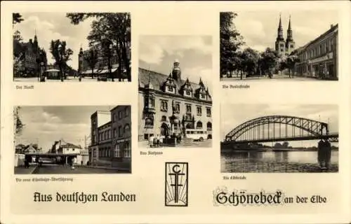 Ak Schönebeck an der Elbe, Markt, Breitestraße, Rathaus, Elbbrücke, Eisenbahn-Überführung