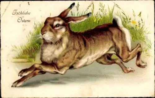 Litho Fröhliche Ostern, Osterhase im Sprung