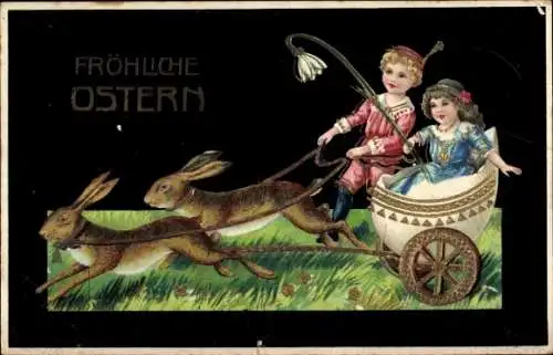 Litho Fröhliche Ostern, Osterhasen, Kinder im Wagen mit Hasengespann