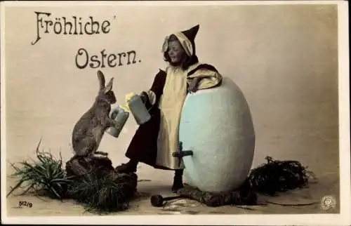 Ak Fröhliche Ostern, Kind, Hase, Ei