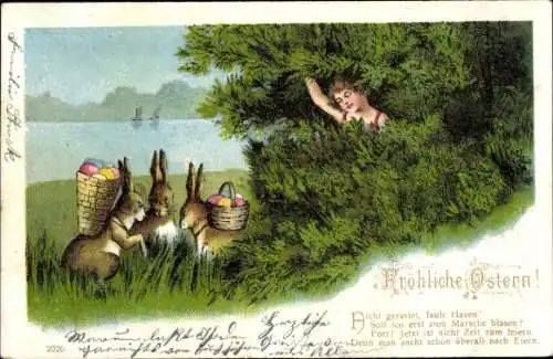 Litho Fröhliche Ostern, Osterhasen mit Eierkiepe, Kind