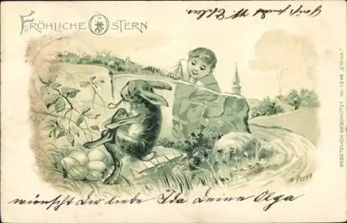 Künstler Ak Peter, O., Frohe Ostern, Junge mit Hasen, Eier im Gras