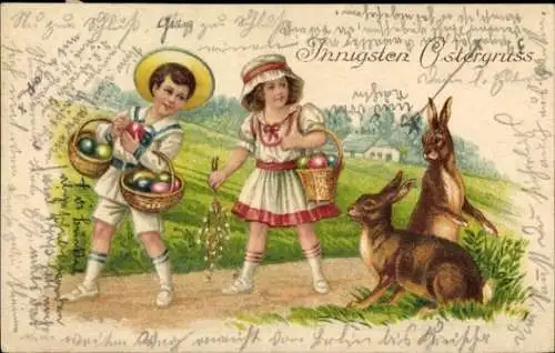 Litho Innigste Ostergrüße, Kinder mit Ostereierkörben, Hasen