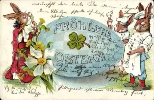 Litho Fröhliche Ostern, Osterhasen, Kleeblatt