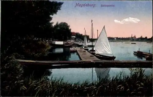 Ak Magdeburg an der Elbe, Salzquelle, Bootsanlegestelle, Segelboote