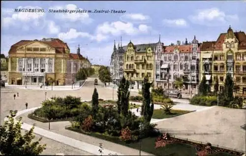 Ak Magdeburg, Staatsbürgerplatz mit Zentral Theater, Parkanlage