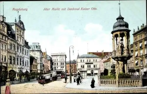 Ak Magdeburg, Alter Markt, Denkmal Kaiser Otto, Passanten