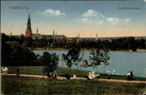 Ak Zwickau in Sachsen, Schwanenteich, Kirchturm