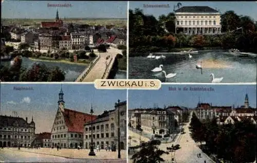 Ak Zwickau in Sachsen, Gesamtansicht, Schwanenschloss, Bahnhofstraße, Hauptmarkt