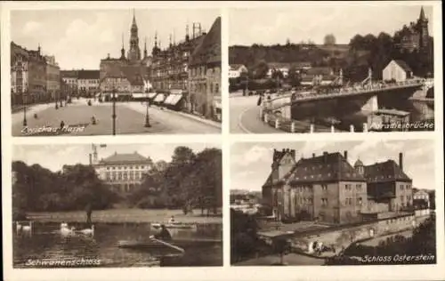 Ak Zwickau Sachsen, Paradiesbrücke, Schloss Osterstein, Markt, Schwanenschloss