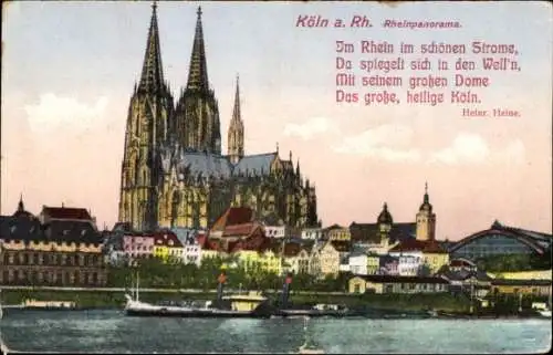 Ak Köln am Rhein, Rheinpromenade, Dom, Gedicht von Heinrich Heine