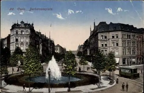 Ak Köln am Rhein, Barbarossaplatz, Springbrunnen, Straßenbahn