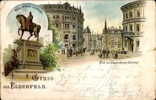 Litho Elberfeld Wuppertal, Blick vom Döppersberger Bahnhof, Hotel Kaiserhof, Denkmal