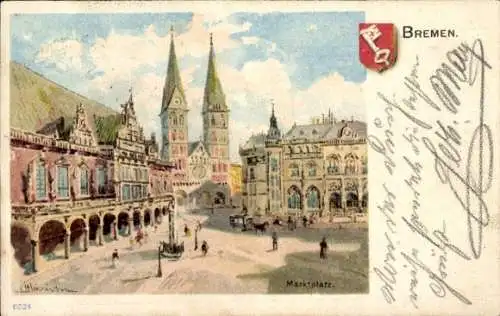 Künstler Litho Hansestadt Bremen, Blick auf den Marktplatz, Wappen