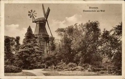 Ak Hansestadt Bremen, Blumenschule am Wall, Windmühle