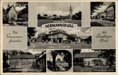 Ak Hermannsburg Südheide in der Lüneburger Heide, Kreuzkirche, Christianschule, Missionshaus