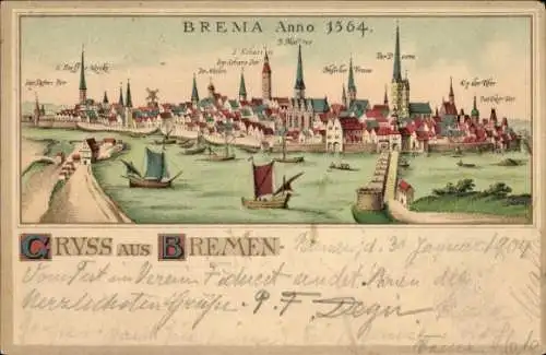 Litho Hansestadt Bremen, historische Stadtansicht 1564