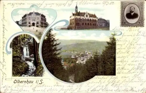 Ak Olbernhau in Sachsen, Wasserfall, Panorama, Schloss