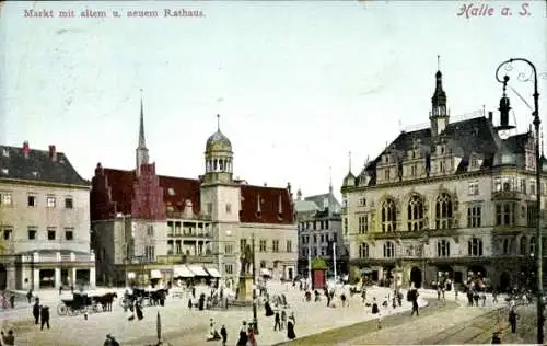 Ak Halle an der Saale, Markt, altes und neues Rathaus, Passanten