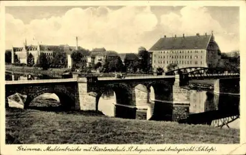 Ak Grimma in Sachsen, Muldenbrücke mit Fürstenschule St. Augustin und Amtsgericht im Schloss