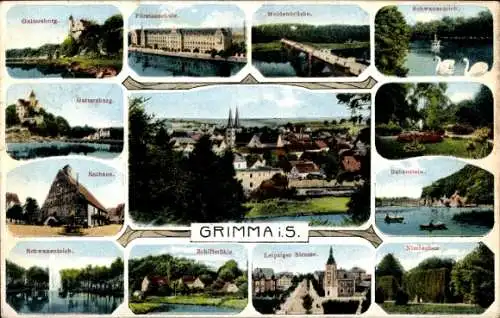 Ak Grimma in Sachsen, Gattersburg, Fürstenschule, Rathaus, Muldenbrücke, Rabenstein